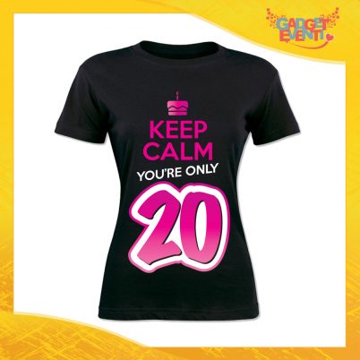 T-Shirt Donna Nera "Keep Calm Twenty" Grafica Fucsia Maglietta Femminile Birthday per Feste di Compleanno Idea Regalo per Compleanni Gadget Eventi