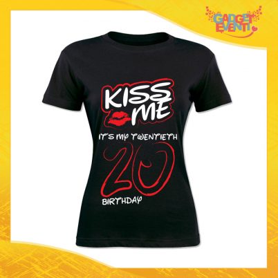 T-Shirt Donna Nera "Kiss Me Birthday" Maglietta Femminile Birthday per Feste di Compleanno Idea Regalo per Compleanni Gadget Eventi