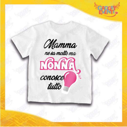 Maglietta Bianca Bimba "Nonna Conosce Tutto" Grafica Fucsia Idea Regalo T-Shirt Festa dei Nonni Gadget Eventi