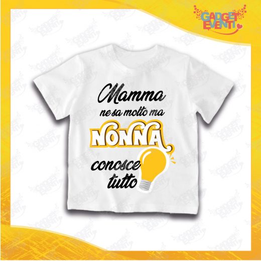 Maglietta Bianca Bimba "Nonna Conosce Tutto" Grafica Gialla Idea Regalo T-Shirt Festa dei Nonni Gadget Eventi