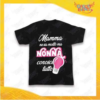 Maglietta Nera Bimba "Nonna Conosce Tutto" Grafica Fucsia Idea Regalo T-Shirt Festa dei Nonni Gadget Eventi
