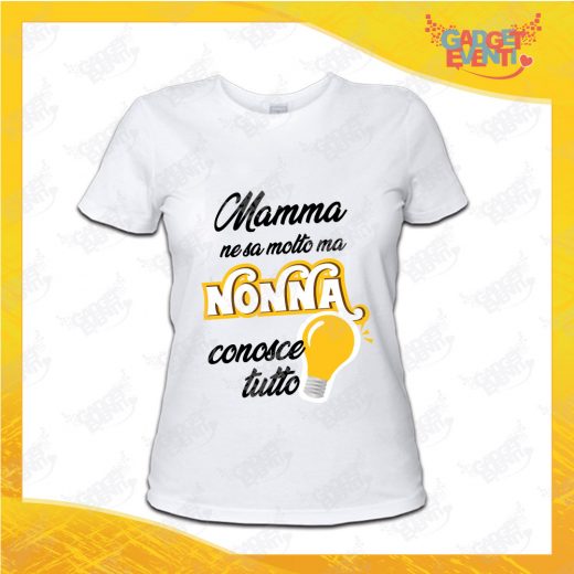 Maglietta Donna Bianca "Nonna Conosce tutto" grafica gialla Idea Regalo Nonna T-Shirt Festa dei Nonni Gadget Eventi