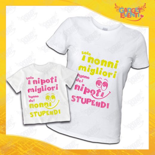 Coppia di T-Shirt Donna Bimbo Bianche "Nipoti Stupendi Per Nonna" grafica rosa Magliette divertenti per Nonna e Nipote Gadget Eventi