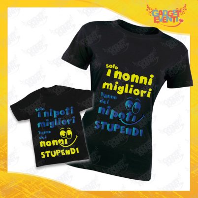 Coppia di T-Shirt Donna Bimbo Nere "Nipoti Stupendi Per Nonna" grafica azzurra Magliette divertenti per Nonna e Nipote Gadget Eventi