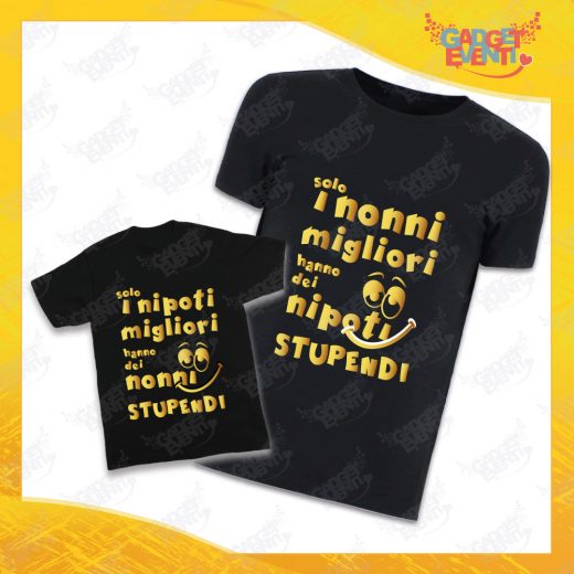 Coppia di T-Shirt Uomo Bimbo Nere "Nipoti Stupendi Per Nonno" grafica oro Magliette divertenti per Nonno e Nipote Gadget Eventi