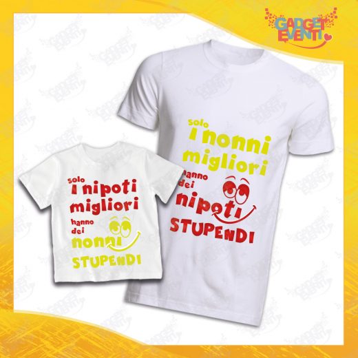 Coppia di T-Shirt Uomo Bimbo Bianche "Nipoti Stupendi Per Nonno" grafica Rossa Magliette divertenti per Nonno e Nipote Gadget Eventi