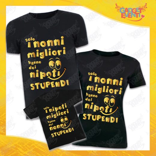 Tris di T-Shirt Nere "Nipoti Stupendi" grafica oro Magliette per Tutta la Famiglia Completo di Maglie Nonno Nonna Nipote Idea Regalo Gadget Eventi