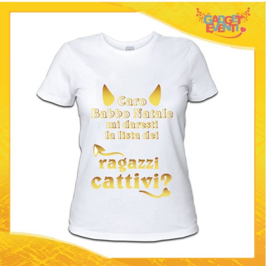 T-Shirt Donna Natalizia Bianca "Lista dei Ragazzi Cattivi" grafica Oro Maglietta per l'inverno Maglia Natalizia Idea Regalo Gadget Eventi