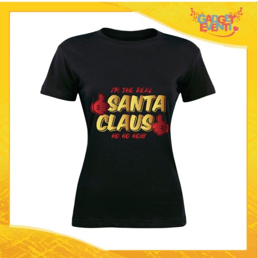 T-Shirt Donna Natalizia Nera "Real Santa Claus" grafica Oro Maglietta per l'inverno Maglia Natalizia Idea Regalo Gadget Eventi
