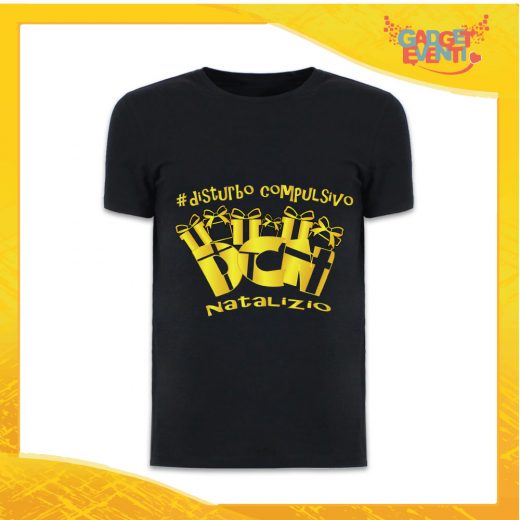 T-Shirt Uomo Natalizia Nera "Disturbo Compulsivo Regali" grafica Oro Maglietta per l'inverno Maglia Natalizia Idea Regalo Gadget Eventi