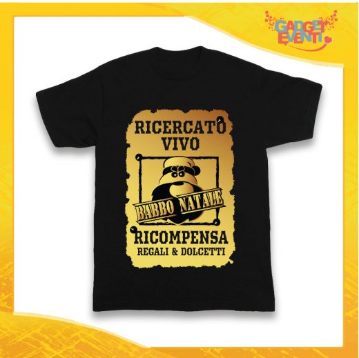 T-Shirt Bimbo Nera Maglietta "Babbo Natale Ricercato" grafica Oro Gadget Eventi