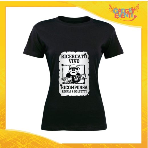 T-Shirt Donna Natalizia Nera "Babbo Natale Ricercato" grafica Argento Maglietta per l'inverno Maglia Natalizia Idea Regalo Gadget Eventi
