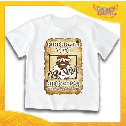 T-Shirt Bimbo Bianca Maglietta "Babbo Natale Ricercato" grafica Sabbia Gadget Eventi