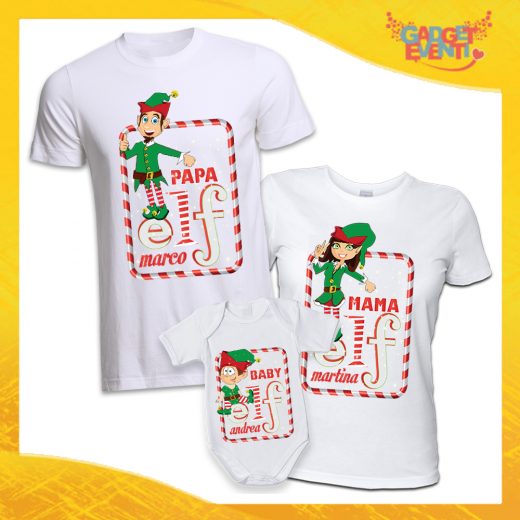 Tris di T-Shirt Con Body Bianco "Elf Family Con Nomi" Magliette per Tutta la Famiglia Completo di Maglie Papà Mamma Figlio Figlia Idea Regalo Gadget Eventi