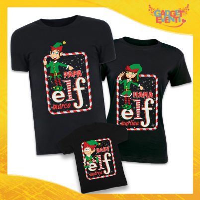 Tris di T-Shirt Nere "Elf Family Con Nomi" Magliette per Tutta la Famiglia Completo di Maglie Papà Mamma Figlio Figlia Idea Regalo Gadget Eventi