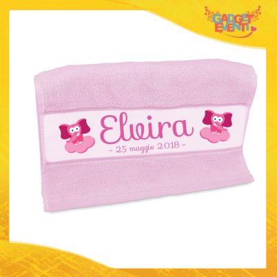 Asciugamano Bimba Personalizzato Rosa "Elefantino Con Nome e Data" Gadget Eventi