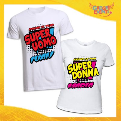 Coppia di T-Shirt Bianche Love "Super Uomo Donna con Nome" San Valentino Gadget Eventi