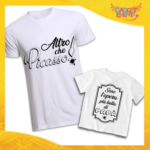 Coppia di T-Shirt Bianche Padre Figlio Grafica Nera "Altro Che Picasso" Magliette Idea Regalo Originale Festa del Papà Gadget Eventi