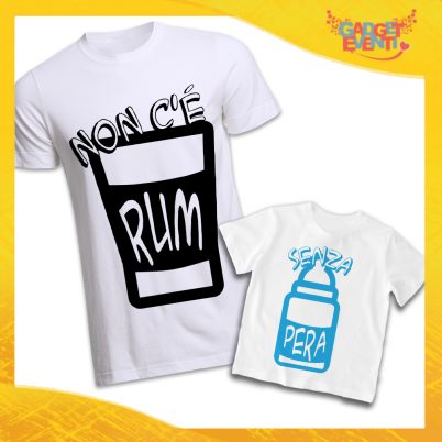 Coppia di T-Shirt Bianca Padre Figlio Grafica Azzurra "Rum e Pera" Magliette Idea Regalo Originale Festa del Papà Gadget Eventi