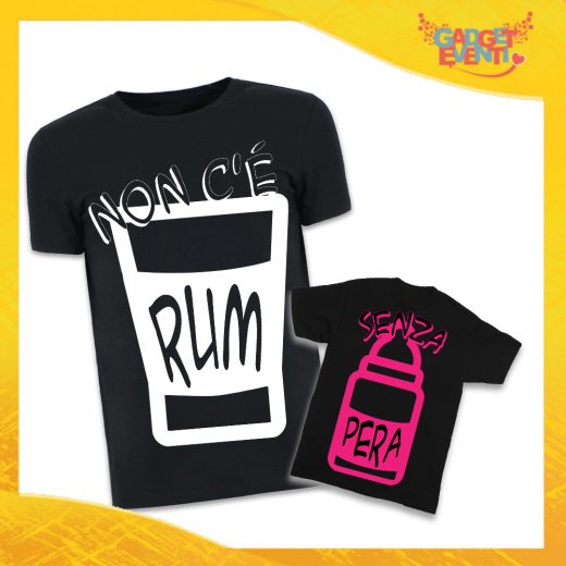 Coppia di T-Shirt Nere Padre Figlio Grafica Rosa "Rum e Pera" Magliette Idea Regalo Originale Festa del Papà Gadget Eventi