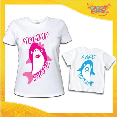 Coppia t-shirt "Mommy and Baby shark" madre figli idea regalo festa della mamma gadget eventi bianche maschietto