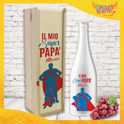 Coppia bottiglia + porta bottiglia personalizzato per festa del papà ” IL MIO SUPER PAPA’ CON NOME “ PERSONALIZZABILE CON TESTO